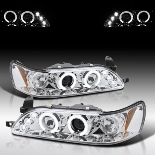 Autozensation Compatible with 1993-1997 Toyota Corolla, Left + Right Pair Headlamps Assembly, LED Chrome Housing Clear Lens Projector Headlights