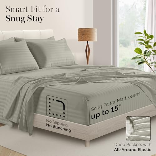 Casa Platino 100% Egyptian Cotton Sheets California King Size Set - 6 Pieces - Damask Stripe- Ultra Smooth Sateen Weave Bed Sheets Set with 15" Deep Pocket - Silver