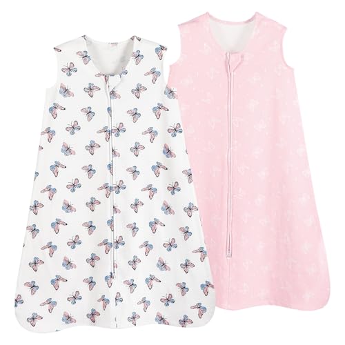 Image of david's kids 100% Organic Cotton Baby Sleep Sack 0-6 Months, Soft Baby Wearable Blankets with 2-Way Zipper, 2 Pack Comfy Sleeping Bags for Infant Newborn Boys Girls Neutral, Small Size, Butterfly
