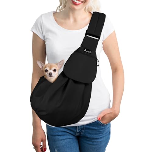 SlowTon Dog Carrier Sling - Thick Padded Shoulder Strap Adjustable Dog Carriers for Small Dogs, Puppy Carrier Purse for Pet Cat with Front Zipper Pocket Safety Belt Machine Washable (BN, S)