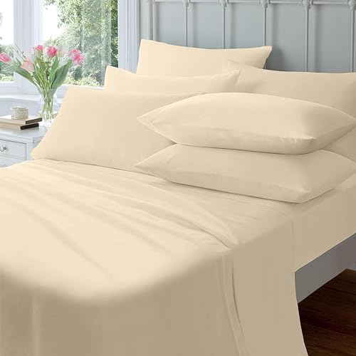 OLIVIA ROCCO Flannelette Fitted Sheets Super Soft Brushed Cotton Bed Sheet Thermal Warm Cosy Breathable Hypoallergenic Extra Deep Luxury Bedding, CREAM DOUBLE