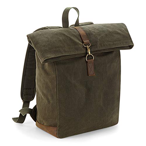 Quadra Heritage Waxed Canvas Leather Accent Backpack (One Size) (Olive Green)
