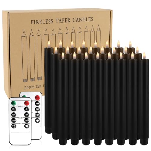 Image of Black LED Taper Candles with Remote Timer, 24 Pack 9.25 inch Battery Operated Flameless Candles, 3D Flickering Flameless Taper Candles for Halloween Christmas Decor, Dinner Table Centerpiece, Wedding