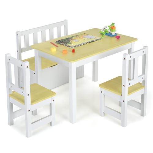 KOTEK Kids Table and Chair Set, 4 Piece Kids Activity Table and Chairs with Toy Storage Bench, Toddler Table Set for Arts, Crafts, Snack Time, Playroom, Kindergarten, Bedroom (Natural)