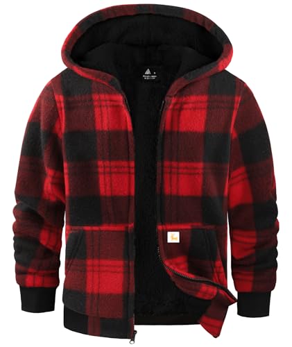 GEEK LIGHTING Boys Flannel Jacket Sherpa Lined Hoodies Zip Up Fleece Plaid Shirt Jackets Winter Outdoor Coat Warm