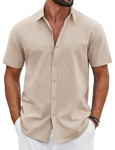 COOFANDY Men's Button Down Shirt Short Sleeve Casual Summer Beach Cotton Linen Wedding Shirts Khaki