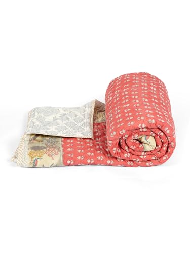 Image of Mayur Hand Block Print Cotton Single Bed Quilt (90x60 Inches) | Jaipuri Razai for AC Room | 400 GSM Lightweight Comforter for Mild Winter | 100% Cotton Duvet | Soft Reversible Dohar Blanket