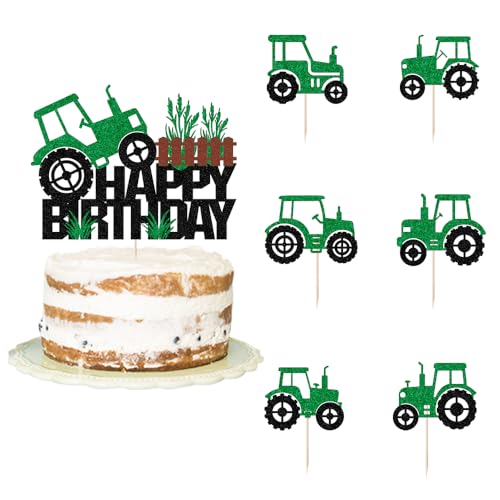 7 Pcs Farm Tractor Happy Birthday Cake Topper,Green Tractor Themed Happy Birthday Cake Toppers for Baby Shower Birthday Party Construction Party,Boy and Girl Farm Party Decorations
