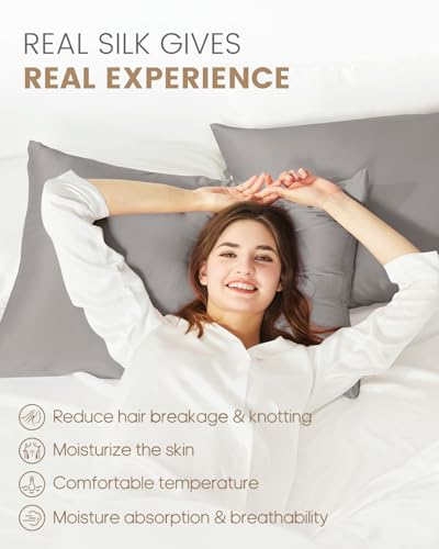 THXSILK Silk Pillowcase for Hair and Skin, 100% Mulberry Silk Bed Pillowcase with Hidden Zipper, Grade 6A+ Silk Soft Breathable Smooth, King Pillow Case (Grey)