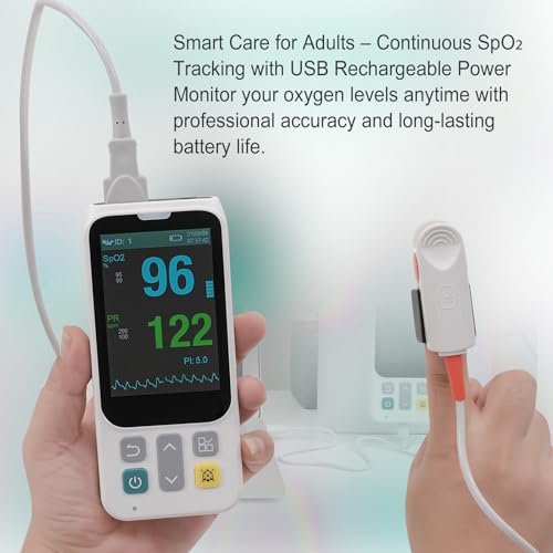 Image of Handheld Pulse Oximeter with Respiration Tracking, Rechargeable Oxygen Monitor for Adults, Continuous Monitoring with Alarm, Includes Finger Sensor and Foot Sensor for Home, Sports and Aviation Use