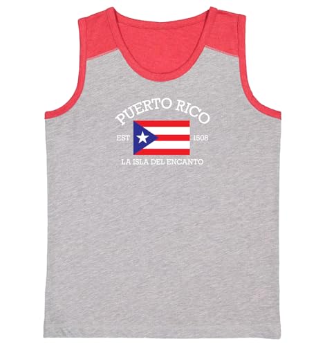 Puerto Rico La Isla Del Encanto Est 1508 Youth Contrast Back Tank Top (Heather/Red, X-Large)