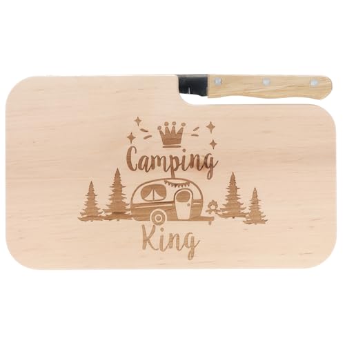 Spruchreif Planche à pain avec couteau « Camping King » - Planche en bois gravée avec motif de camping-car - Cadeau amusant pour les hommes et les amateurs de camping