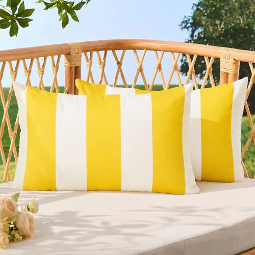 Image of Allorry Outdoor Pillow Covers 12x20 Set of 2 Yellow Striped Decoration Throw Pillow Covers for Spring Summer Outdoor Waterproof Garden Patio Furniture Sofa Bed Home Decor JB007-F12