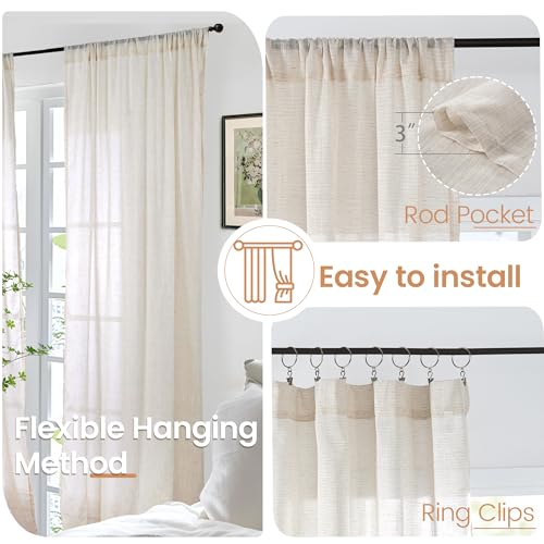 Image of BGment 54 Inch Length Oatmeal Curtains for Short Window - Rod Pocket Linen Sheer Drapes Light Filtering for Living Room Bedroom Lightweight Textured Natural Rustic, 2 Panels Set, 42 X 54 Inch