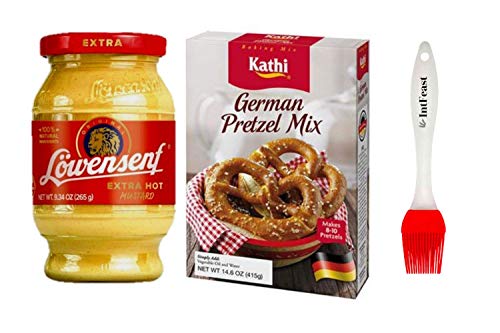 Kathi German Pretzel Baking Mix 14.6 oz (Pack of 1) Bundled with Lowensenf Extra Hot Mustard 9.3 oz (Pack of 1) with Pastry Brush by Intfeast