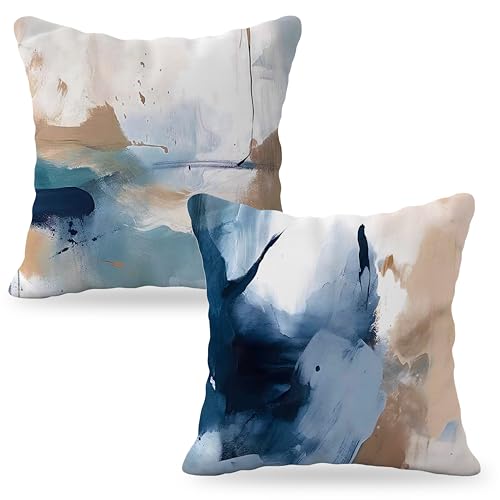YeiHe Watercolor Navy Blue and Brown Pillow Covers 18x18, Modern Contemporary Abstract Art Decorative Throw Pillow Covers for Bedroom Living Room, Modern Home Decor, Contemporary Decor, Set of 2