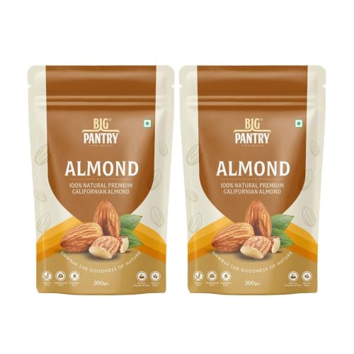 Image of BIG Pantry Premium California Almonds 200g | Whole Natural Badam | Crunchy & Fresh Almond Nuts | High Protein & High Fiber Snack | Gluten Free | Resealable Stand-Up Pouch (Pack Of 2)