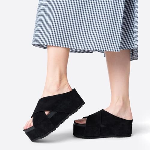 Yishaweiqi Women's Suede Platform Sandals Comfortable Cork Footbed Flatform Sandals Criss Cross Straps Flat Clogs Slide Sandals3