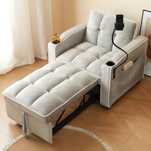 BENMWS Sofá cama individual extensible 3 en 1, color gris y blanco envejecido, 76 x 83 x 167 cm, con soportes para bebidas y soporte para teléfono móvil, sillón reclinable, ideal para espacios