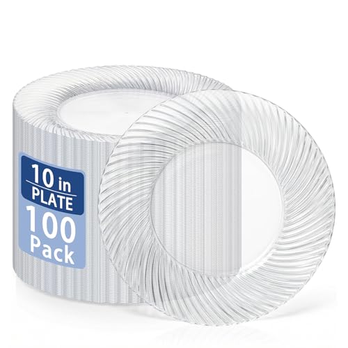 IOOOOO 10 Inch Clear Plastic Plates, 100 Count Disposable Clear Plates, Heavy Duty Dinner Plates,Premium Hard Plastic Plates for Party, Weddings, Parties & Events