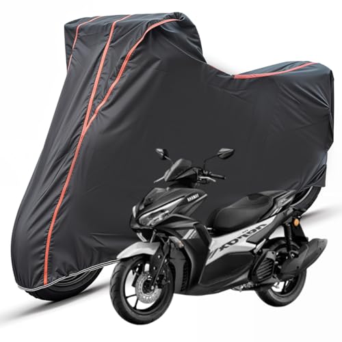 Image of Two Wheelers Bike Body Cover Compatible for Yamaha Aerox 125, UV Resistant, Dustproof, Triple Stitched, Elastic Bottom, Red Piping Motorcycle Cover (Black, Pack of 1)