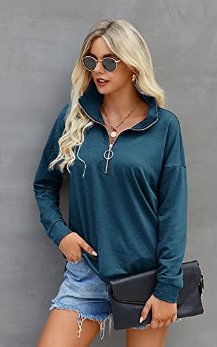 Prettygarden Women's Causal 1/4 Zip Pullover Long Sleeve Collar Sweatshirts Solid Activewear Running Jacket(Lake Blue,X-Large) #TOP2