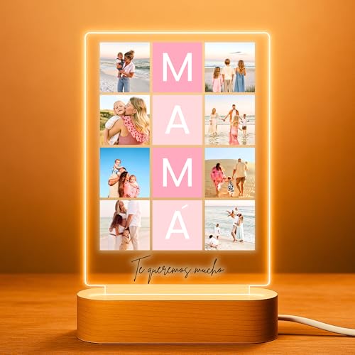Cristal Plaque Lámpara Personalizada Mamá con 8 Fotos y Mensaje Te Queremos – Placa Metacrilato con Luz LED y Base Madera USB – Regalo para Mamá Cumpleaños y Día de la Madre