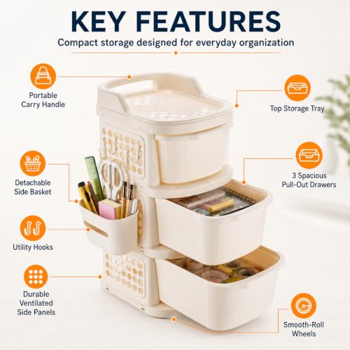 Image of Homeor 3 Tier Plastic Storage Drawer Cabinet with Wheels | Modular Chest of Drawers Organizer with Side Basket & Handle | Storage Trolley Rack for Home, Kitchen, Bedroom, Office, Kids Room (Ivory)