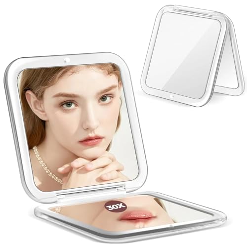Travel Essentials,Compact Mirror, 30X Magnifying Mirror for Purses Shower, Small Makeup Mirror with 1X/30X Magnification, Portable Travel Mirror for Women,Gift with Christmas-White