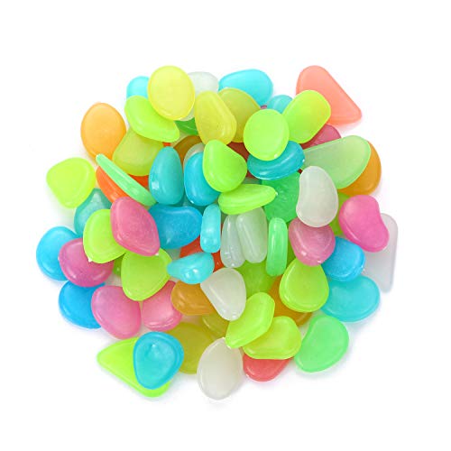 moinkerin 100 Pièces Pierres Lumineuses Colorées, Les Pierres de Galets Brillent dans Le Noir pour la Décoration de Jardin, Extérieure Aquarium, Gravier de Résine Décorative