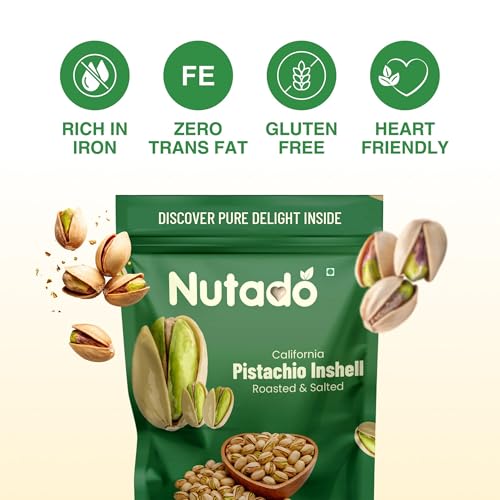Image of Nutado Premium California Pistachios Roasted & Salted, Pista 400g (200g x 2), Rich In Vitamin & Protein, Phosphorus, & Dietary Fibre, Super Crunchy & Delicious Healthy Snack
