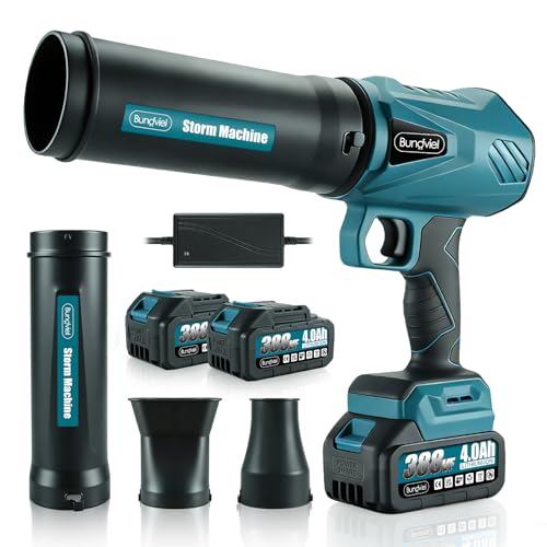 Bundviel Akku Laubbläser Kompatibel mit Makita 18V Akku 52.000 U/Min Bürstenloser Motor mit 2x4.0Ah Akkus 80m/s Windgeschwindigkeit 3 DüSen Tragbarer Laubbläser zum Entfernen von Laub/Staub/Schnee