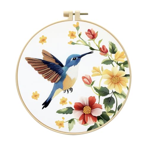 Zhenqing Hummingbird and Floral Embroidery Kit for Beginners - Complete Set with Pre-Printed 29x29cm Cotton Fabric, Hoop, Threads & Tools(C0122)