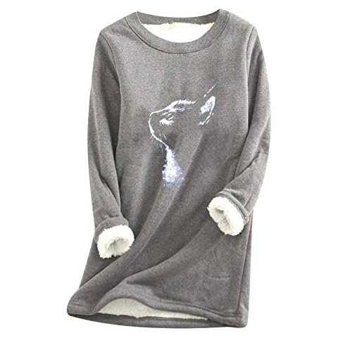 Orgrul Women's Tops Thick Fleece Printing Sweatshirt Warm Round Neck Underwear Top Fashion Pullover Blouse Tunic for Women Ladies(Gray,XL) Cover