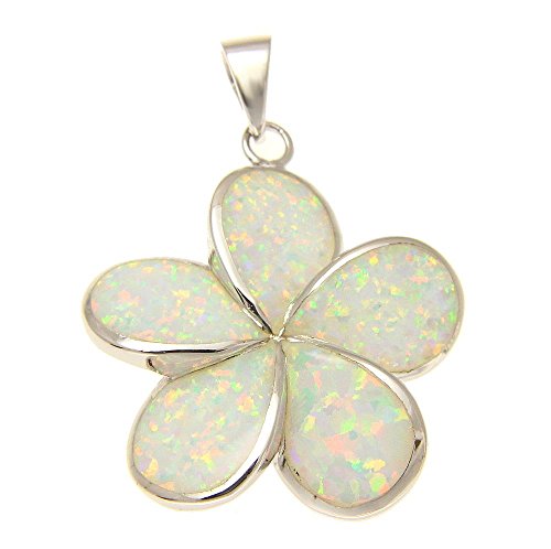 Arthur's Jewelry 925 Sterling silver white synthetic opal Hawaiian plumeria flower pendant 25mm