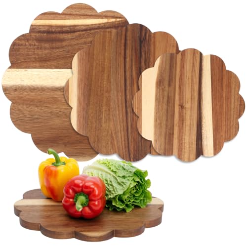 3 Size Acacia Wood Scalloped Cutting Board Set 9”/10.6”/12” Decorative Round Cutting Boards Wooden Charcuterie Serving Trays for Cheese Bread Meat Chopping Blocks Cottage core Kitchen Decor