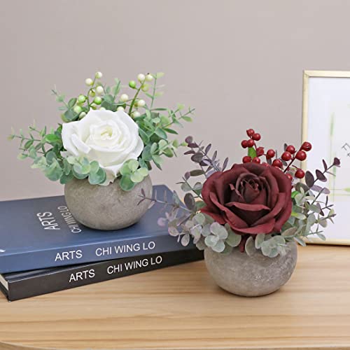 Rosscer Artificial Flowers Kit With Pot, Combination Of Fake Silk Burgundy Red Roses And Greenery,Small Plant Potted Decor For Offices,Bookshelf,Bedroom, Living Room,Party,Wedding Decorations… #TOP7