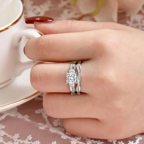 Princess Cut Wedding Ring Sets for Women White Gold, 1-1/2 Carat(ctw) Moissanite Bridal Sets Platinum Plated Silver Engagement Ring Set Twisting Infinity Pave Set2