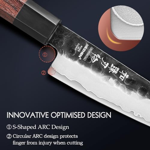 HEZHEN Set di Coltelli da Cucina, Coltelli da Chef in Acciaio Composito Santoku, Coltello da Pane Coltelli da Cucina, Manico Ottagonale in Legno Rosso - immagine 6