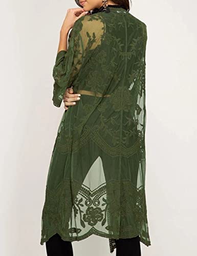 Bsubseach Women Mesh Lace Beach Kimono Cardigan Open Front Swimsuit Cover Ups Swimwear Green - Thumbnail 2
