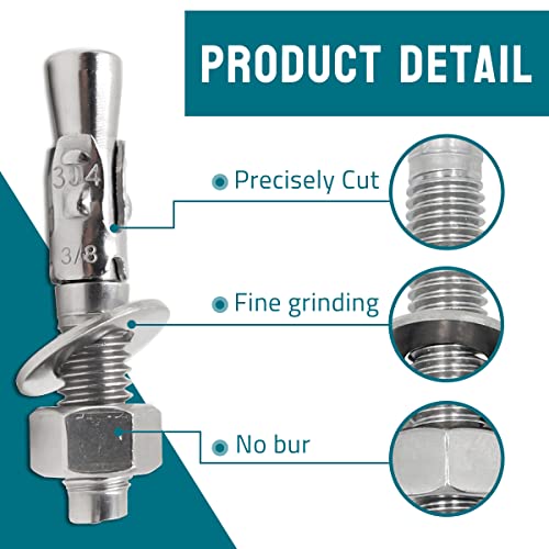 ini moni 3/8" x 2-1/4 inch Wedge Anchor, Stainless Steel Concrete Anchors, Heavy Duty Expansion Bolt Fasteners for high Strength Concrete Bricks/Blocks, Natural Stone, 5 pcs