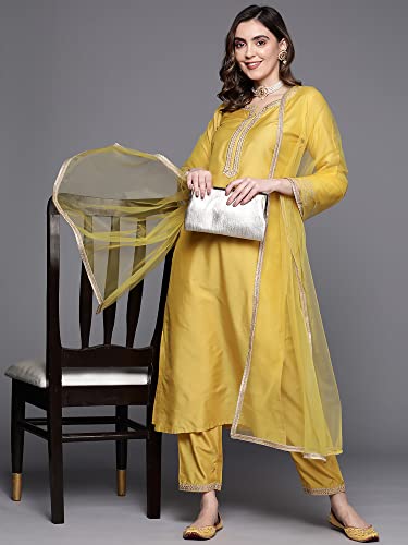 Image of INDO ERA Women's Silk Embroidered Straight Kurta With Pant & Dupatta Set