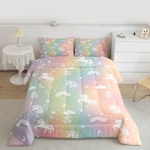 Image of Erosebridal Girls Unicorn King Bedding Set Rainbow Unicorn Comforter Set for Kids Child Ombre Stars Moon Comforter Fantasy Girls Room Decor Rose Flower Duvet Insert Cartoon Kawaii Bed Set