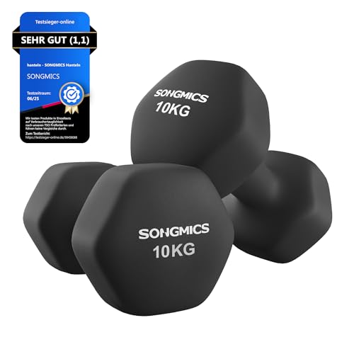SONGMICS Hanteln, 2er Set, 2 x 10 kg, Hantelset, Kurzhanteln, Hexagon, Neopren-Beschichtung, Krafttraining, Workout, Fitnesstraining, für Zuhause, tintenschwarz SYL110B01