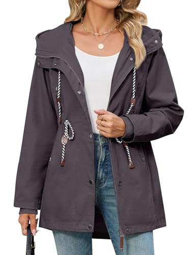Yuson Girl Veste Femme mi Saison Long Manteau en Coton Léger Parka Mi-Long Coupe Vent Blouson avec Capuche Cordon de Serrage Jacket Zipper Coat pour Automne...