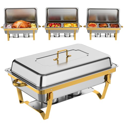 Trivico Chafing Dishes for Buffet 4 Pack(Full 1/2 1/3 Size Pan), 9QT Chafing Dish Buffet Set Stainless Steel Buffet Food Warmers Sets for Catering Events Parties Dinners,Gold and Silver