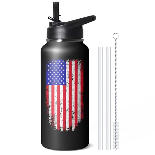 32oz American Flag Stainless Insulated Aater Water Bottle with Straw, American Flag Gym Hiking Sports Coffee Mug Cup Water Bottles,Patriotic Military Gifts For Veterans, Police