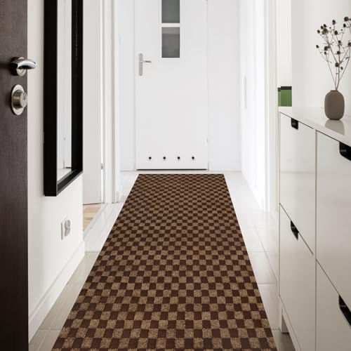 Custom Size Runner Rug 4' x 28' Rubber Backing Non-Slip for Hallway Entryway Laundry Stair Bathroom Kitchen Indoor Outdoor Area Rug Carpet, Brown Checkered