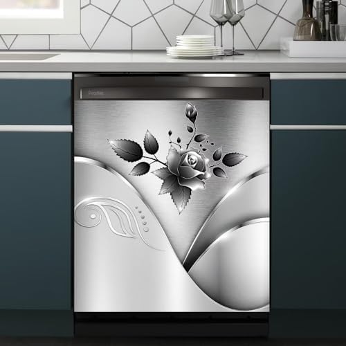 Stainless Steel Flowers Pattern Magnetic Dishwasher Cover,Roses Print Dishwasher Door Cover,Floral Home Kitchen Decor Panel Decal,Flower Stainless Steel Appliance Sticker