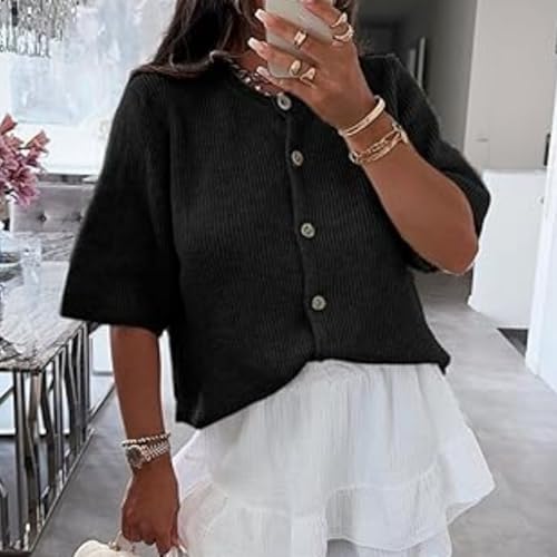 Image of Womens Button Up Short Sleeve Cardigans Sweater Cropped Lightweight Round Neck Elegant Knit Tops with Pockets
